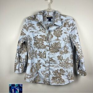 Ann Taylor Blue Tan Toile De Jouy Printed Pearl Snap Preppy Western Shirt Top 6